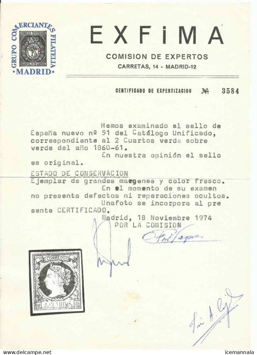 ESPAÑA   EDIFIL   51,  CERTIFICADO  EXFIMA - Usados