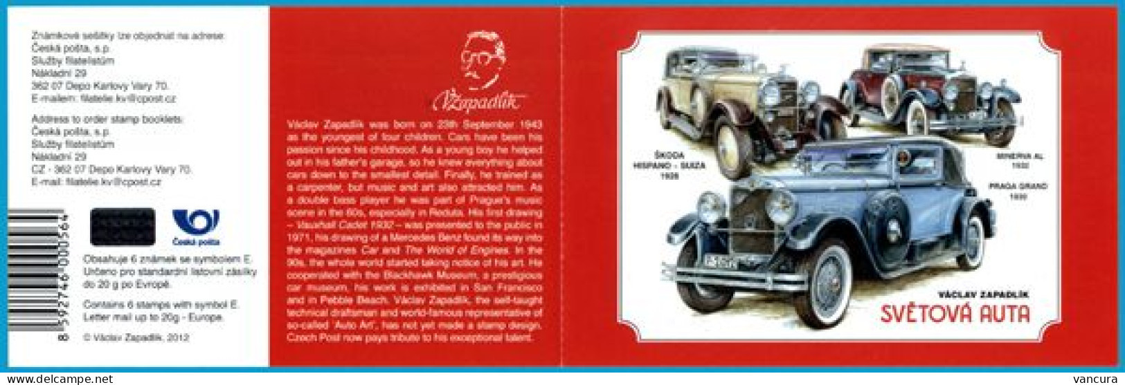 ** Booklet 735-740 Czech Republic Cars (Zapadlik) 2012 Duesenberg,Wikov,Mercedes Benz,Rolls Royce,Bugatti, Isotta - Unused Stamps