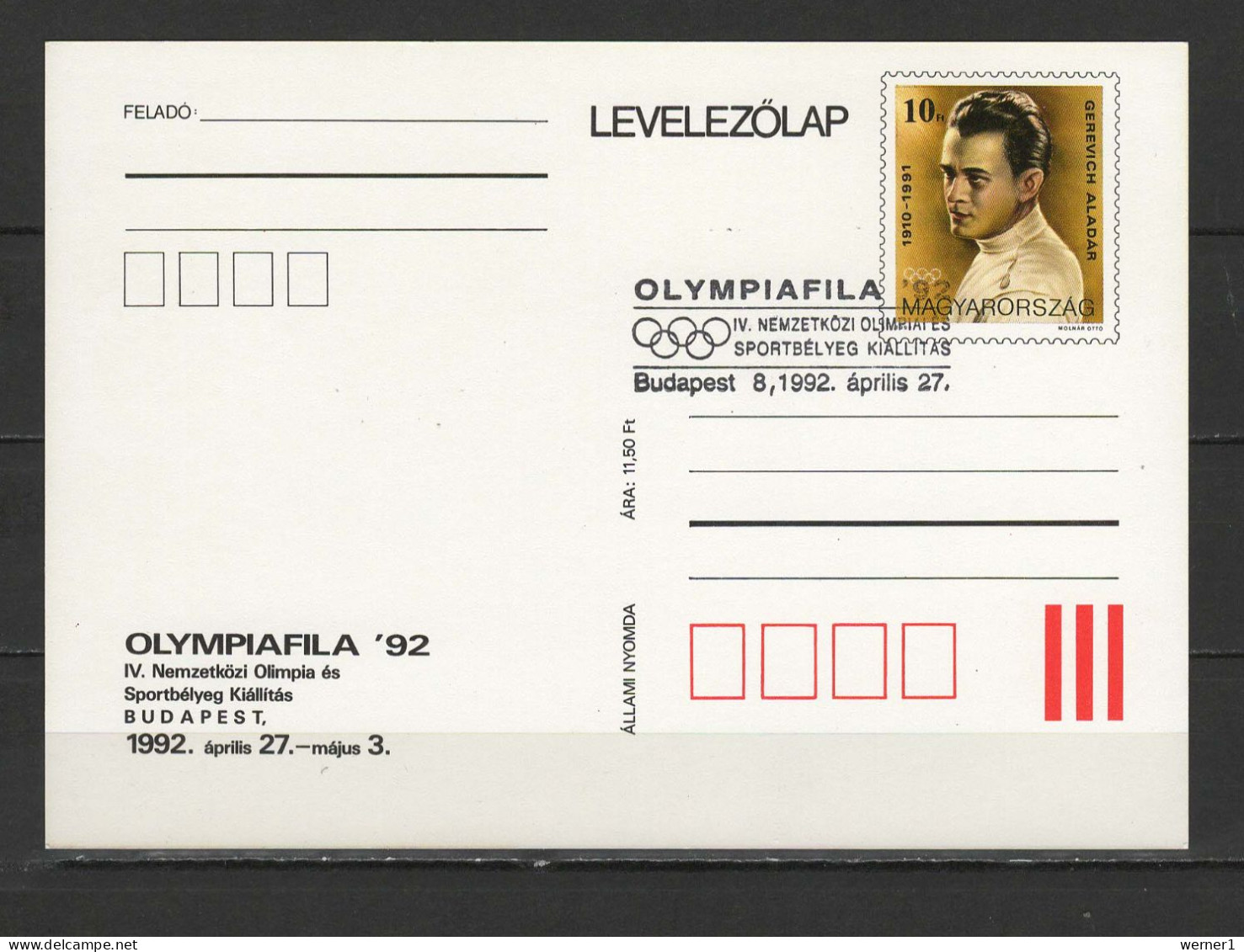 Hungary 1992 Olympic Games, Olympiaphila Commemorative Postcard - Verano 1992: Barcelona