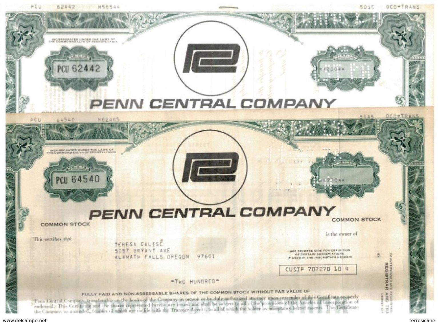 LOTTO 2 CERTIFICATI AZIONARI PENN CENTRAL COMPANY 1977   LESS 100 SHARES STOCK - Railway & Tramway