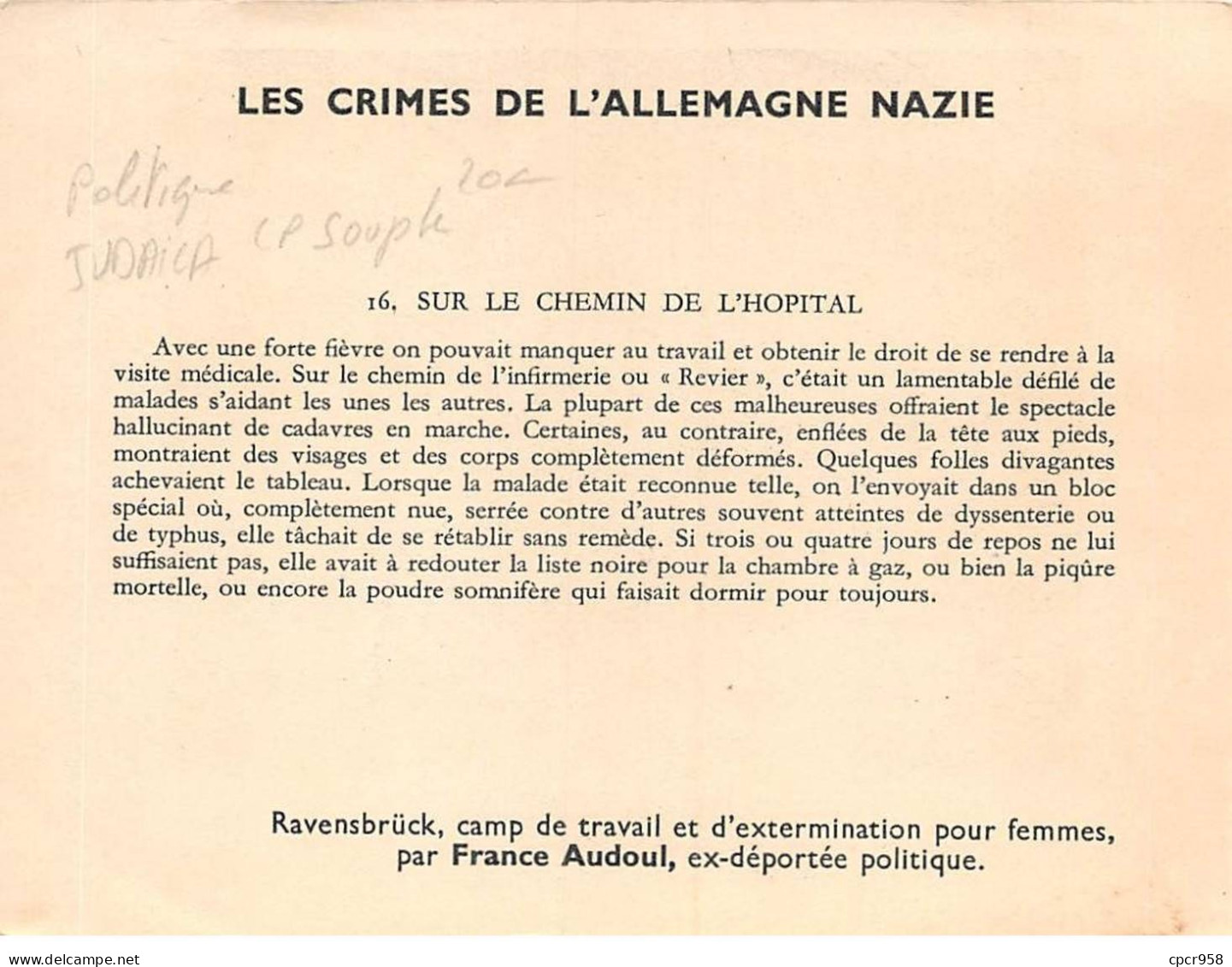 Politique - N°85716 - Les Crimes De L'Allemagne Nazie - 16. ... De L'Hôpital - Ravensbrück - Judaica - Carte Souple - Evènements