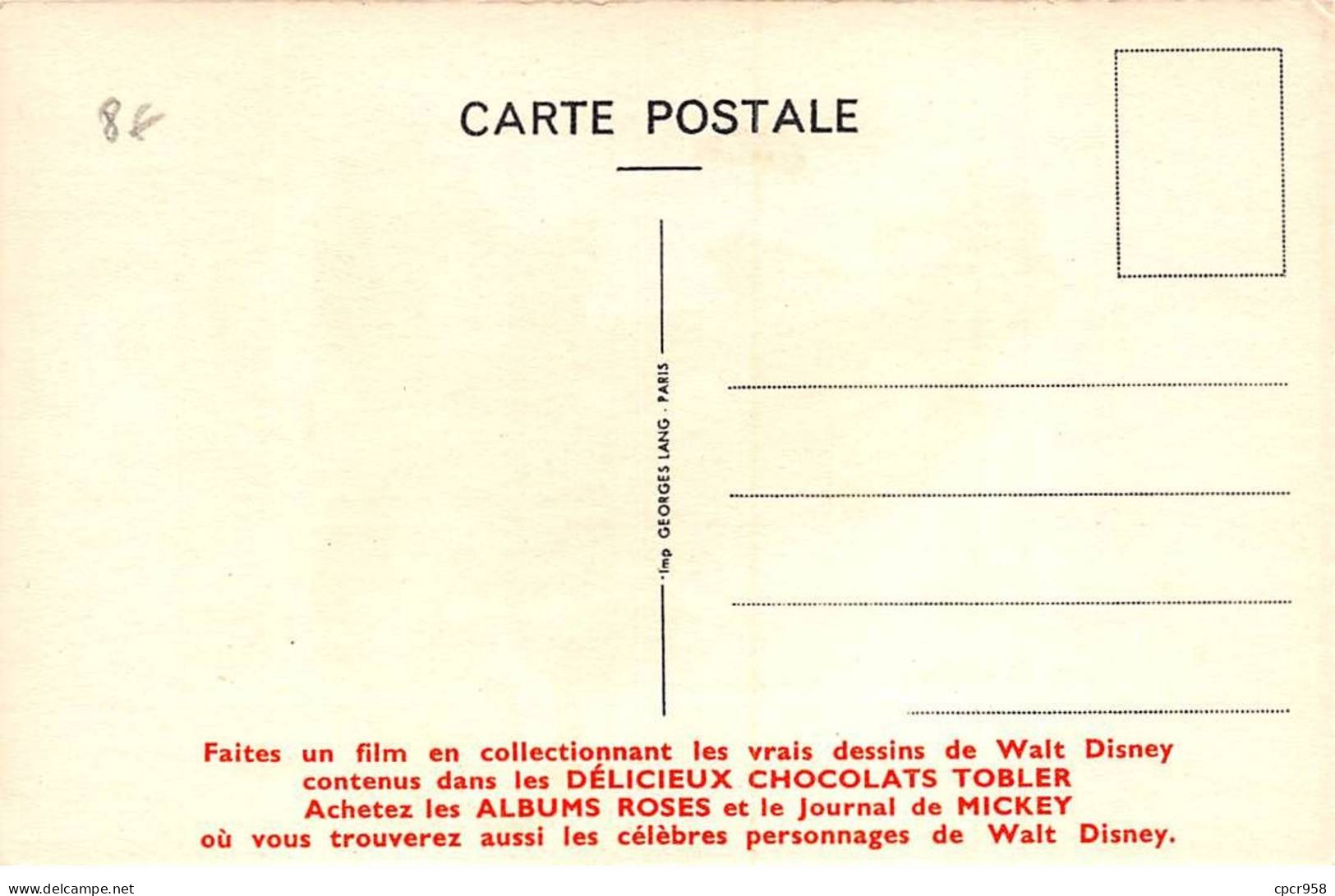 DISNEY - SAN58242 - Carte Pub Tobler - Bruno - Autres & Non Classés