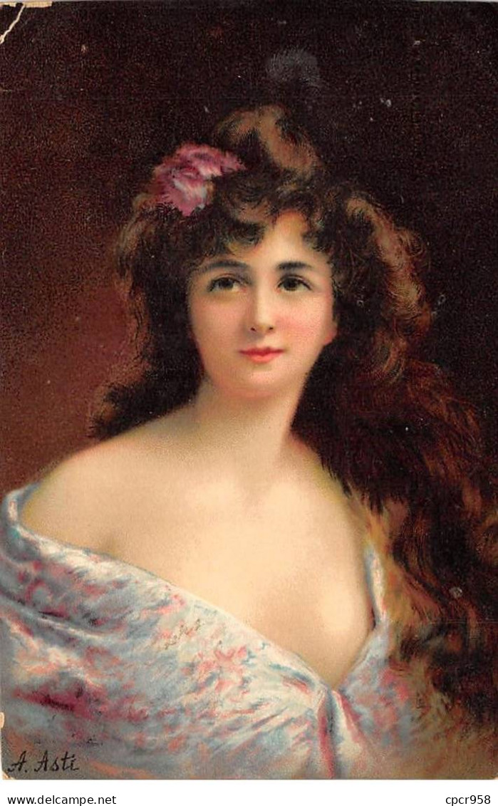 Illustrateur - N°91801 - A. Asti - Jeune Femme, Avec Des Fleurs Roses Dans Les Cheveux - Asti