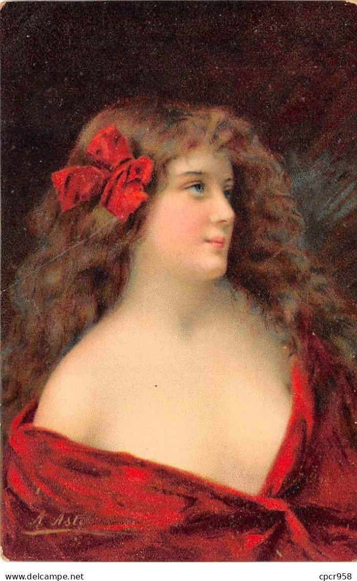 Illustrateur - N°91799 - A. Asti - Jeune Femme Avec Une Robe Rouge, Et Un Noeud Rouge Dans Les Cheveux - Asti