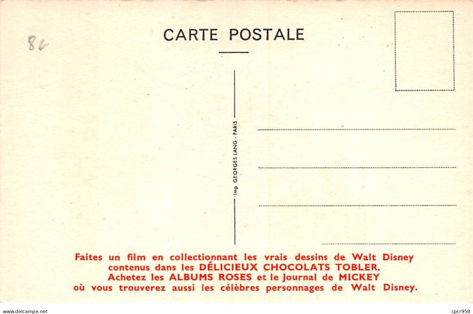 DISNEY - SAN58240 - Carte Pub Tobler - Le Chapelier Fou - Autres & Non Classés