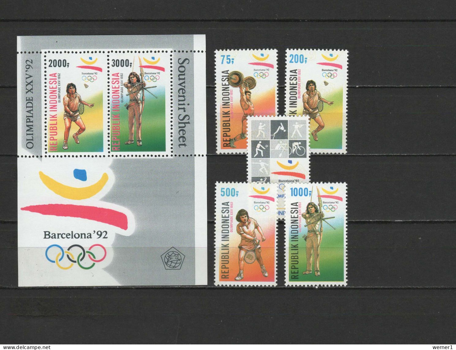 Indonesia 1992 Olympic Games Barcelona, Weightlifting, Badminton, Archery, Tennis Set Of 5 + S/s MNH - Zomer 1992: Barcelona