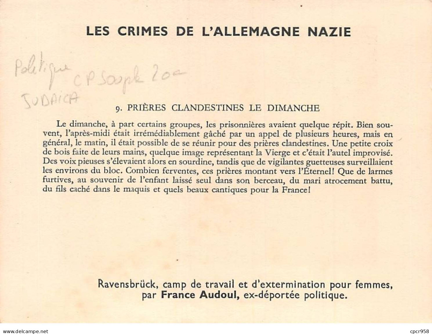 Politique - N°85712 - Les Crimes De L'Allemagne Nazie - 9. Prières Clandestines - Ravensbrück - Judaica - Carte Souple - Evènements