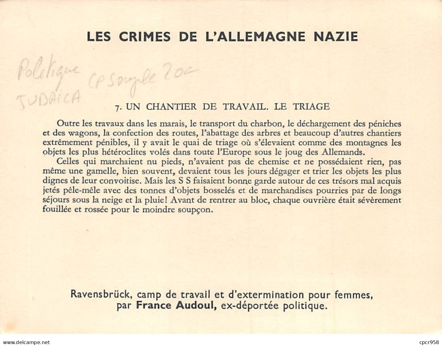 Politique - N°85713 - Les Crimes De L'Allemagne Nazie - 7. ... Le Triage - Ravensbrück - Judaica - Carte Souple - Evènements