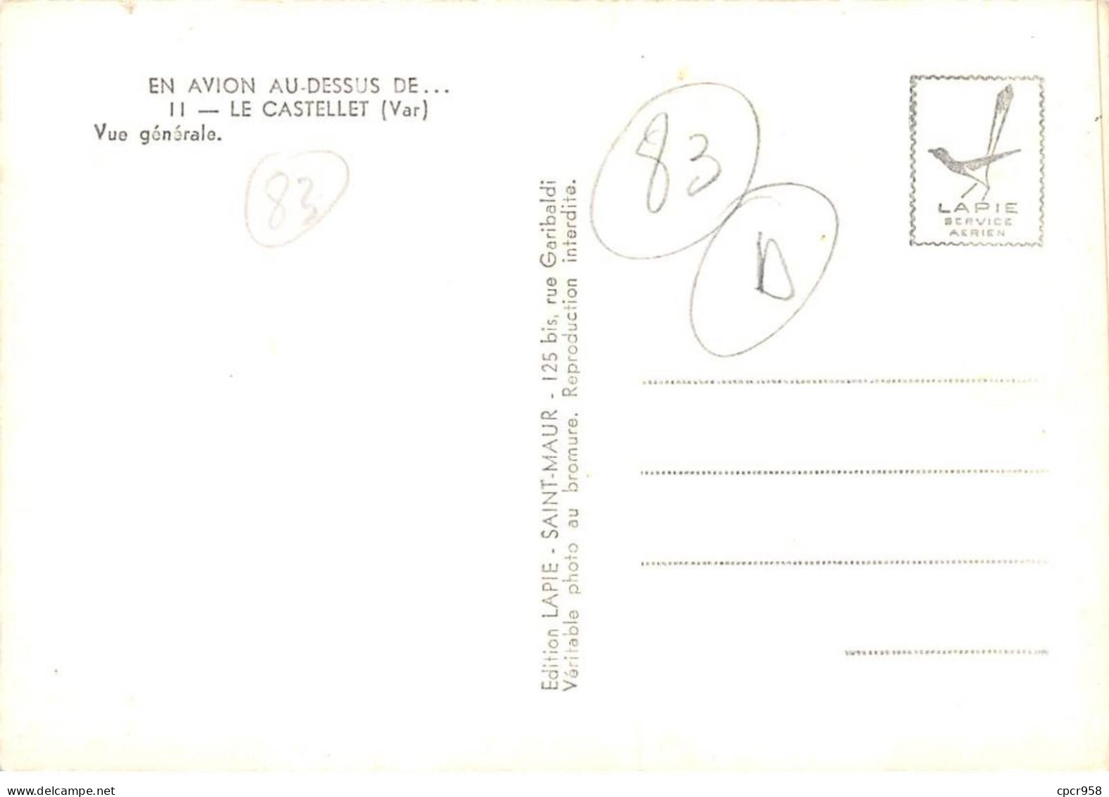 83 . N°sac10842 . Le Castellet . Vue Générale N°11 . En Avion Au Dessus De . Cpsm 10X15 Cm . LAPIE - Le Castellet