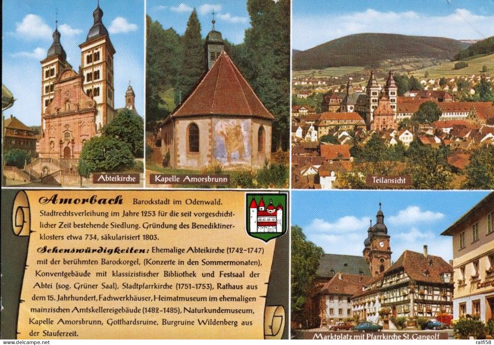 1 AK Germany / Bayern * Chronikkarte Von Amorbach Mit Wappen, Abteikirche, Kapelle Amorsbrunn, Marktplatz M. Pfarrkirche - Amorbach