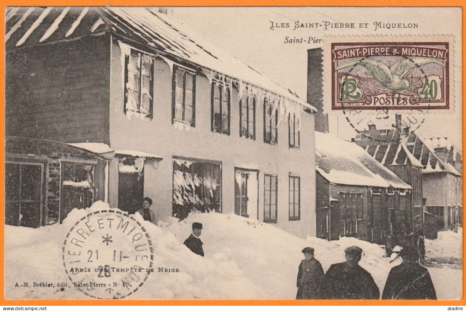 1928 - 40 C Goéland Sur Carte Postale De St Pierre Et Miquelon Vers Montreuil Sous Bois - Cachet à Tirets - Covers & Documents