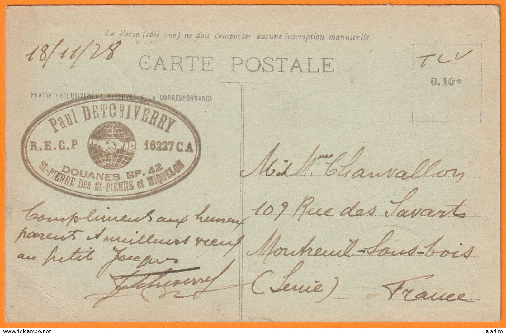 1928 - 40 C Goéland Sur Carte Postale De St Pierre Et Miquelon Vers Montreuil Sous Bois - Cachet à Tirets - Cartas & Documentos