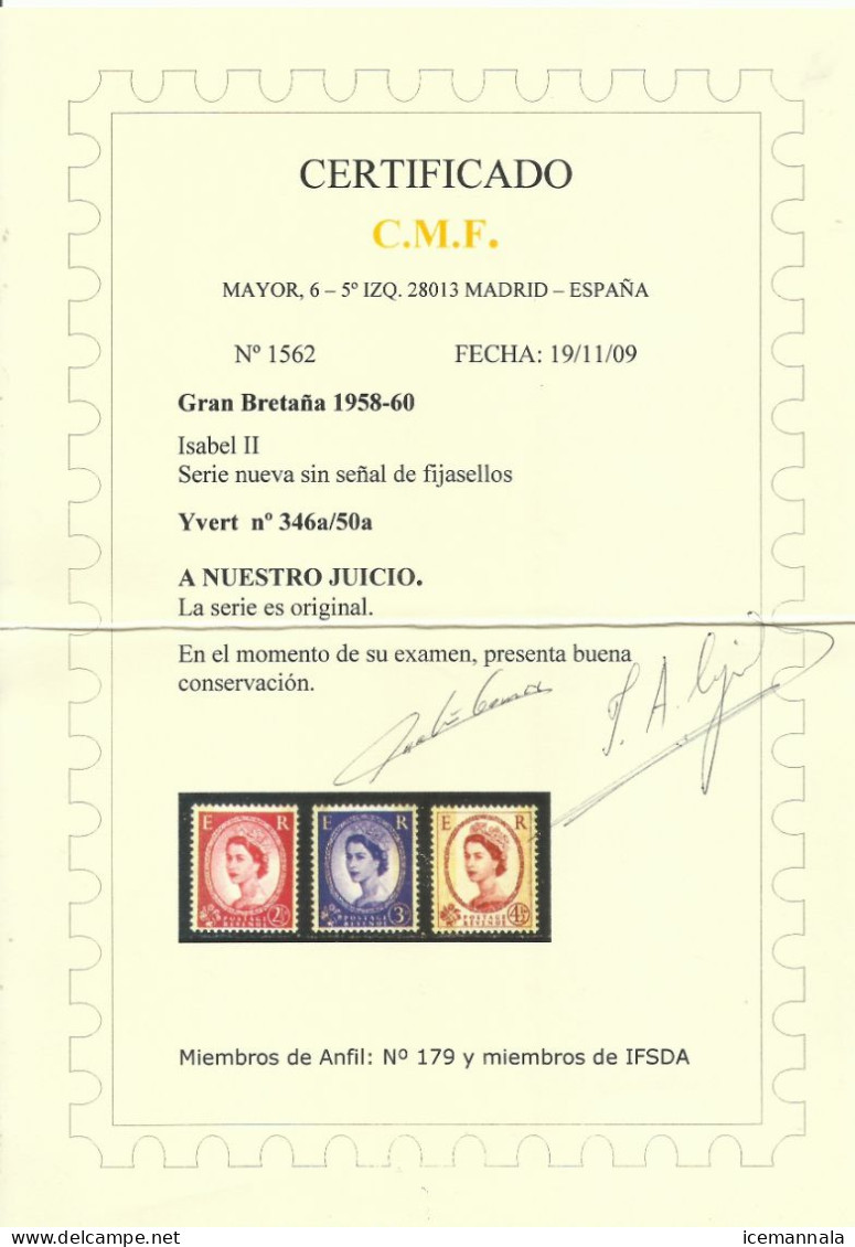 GRAN BRETAÑA  YVERT  347b,  348b,   350a   (CERTIFICADO  C.M.F.)   MNH  ** - Ungebraucht