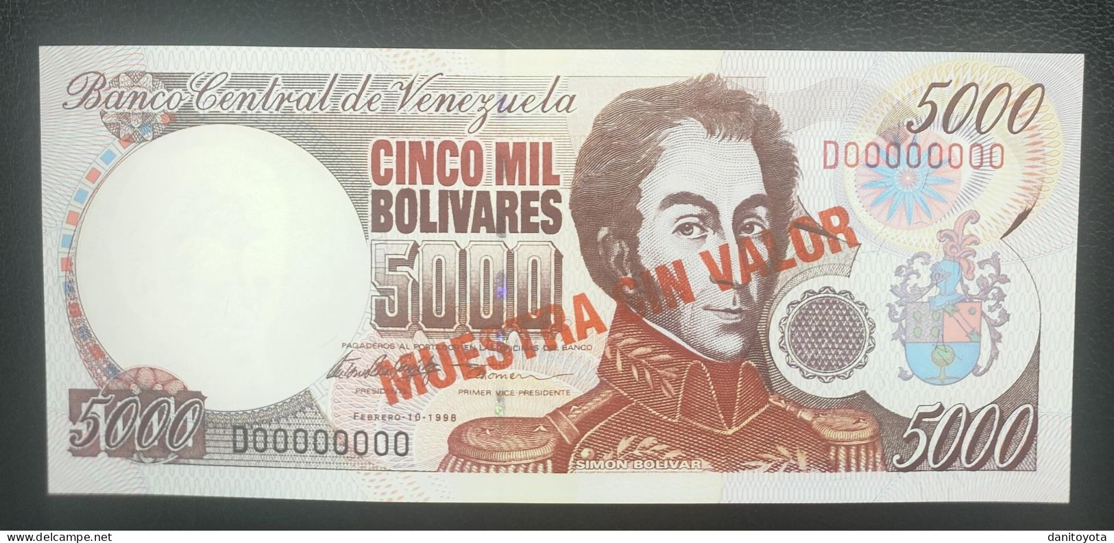 VENEZUELA. 5000 BOLIVARES 10 DE FEBRERO DE 1998 SOBRECARGA MUESTRA SIN VALOR SIN CIRCULAR. - Venezuela