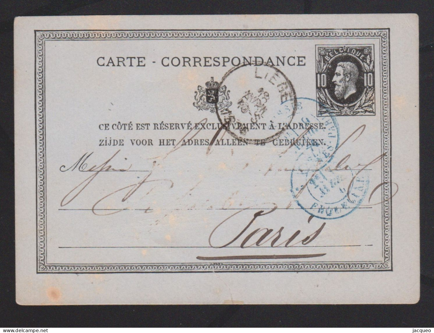 N°30  OBL E.P. CARTE CORRESPONDANCE DEPART LIEGE VERS PARIS CACHET BLEU FRONTIERE - 1869-1883 Léopold II