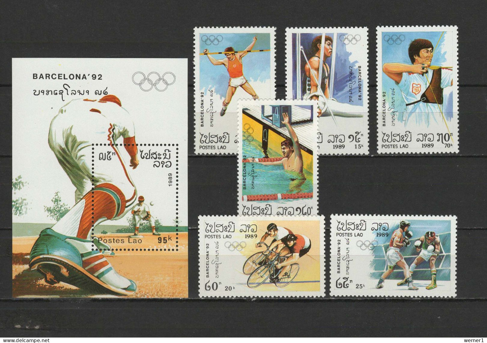 Laos 1989 Olympic Games Barcelona, Baseball, Cycling, Boxing, Archery Etc. Set Of 6 + S/s MNH - Verano 1992: Barcelona