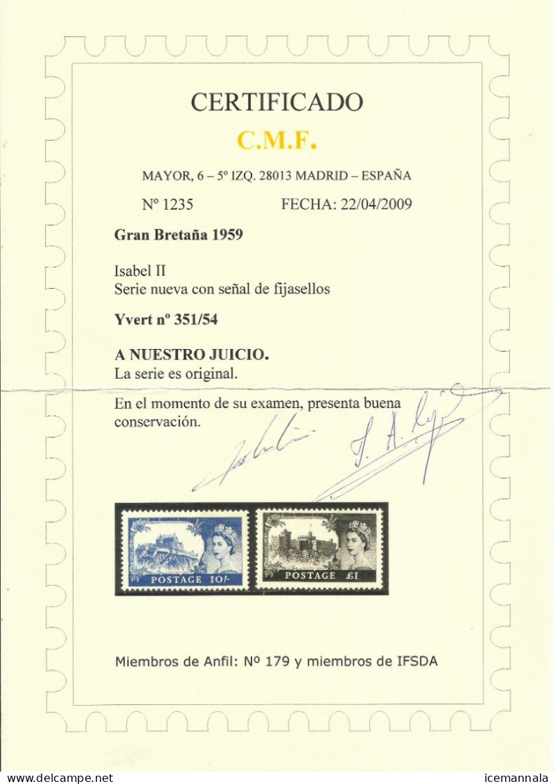 GRAN BRETAÑA  YVERT  351/54   (CERTIFICADO  C.M.F.)   MH  * - Nuevos