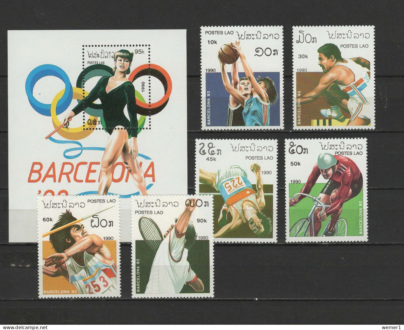 Laos 1990 Olympic Games Barcelona, Basketball, Gymnastics, Cycling, Tennis Etc. Set Of 6 + S/s MNH - Verano 1992: Barcelona