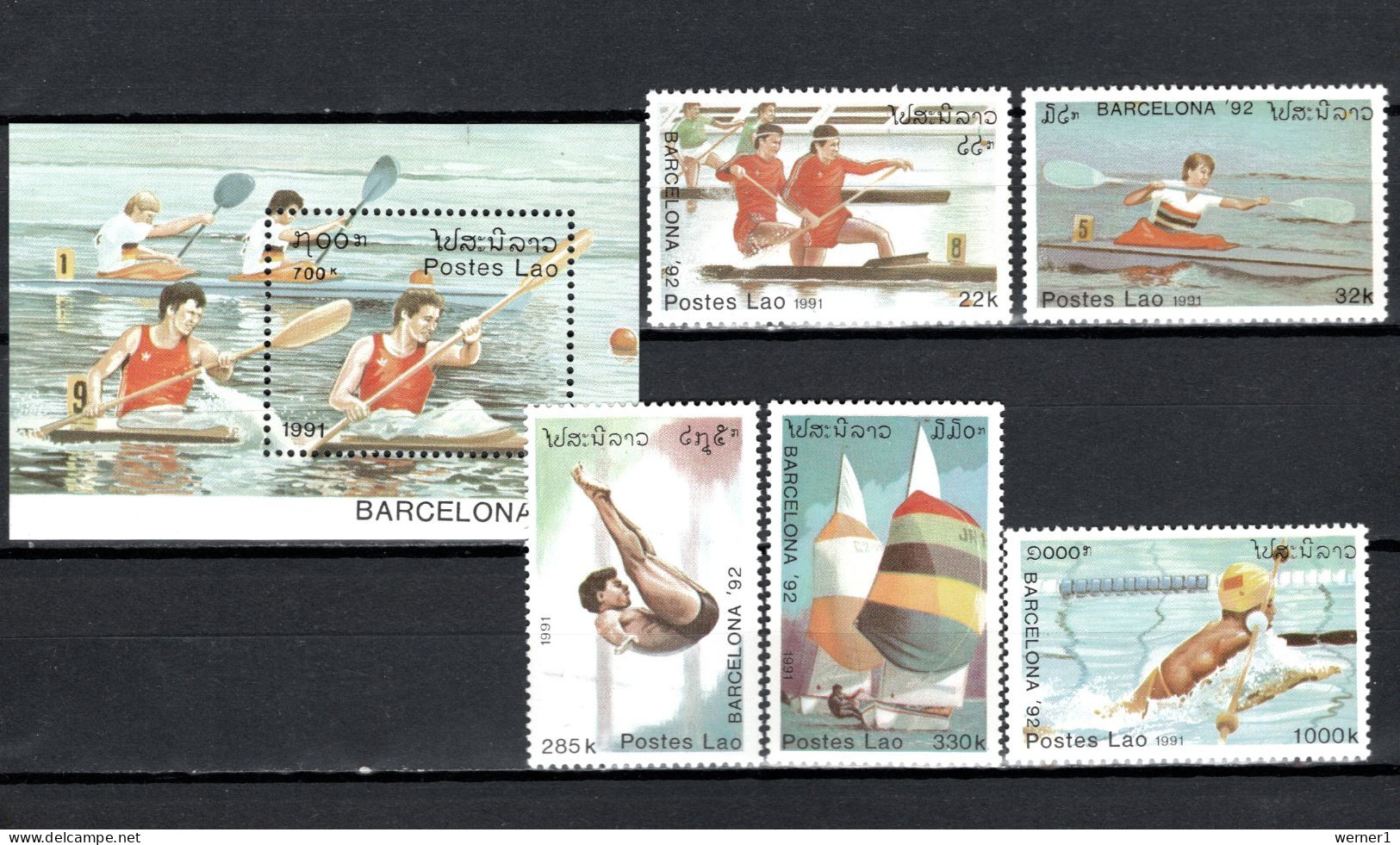 Laos 1991 Olympic Games Barcelona, Rowing, Kayaking, Sailing Etc. Set Of 5 + S/s MNH - Verano 1992: Barcelona