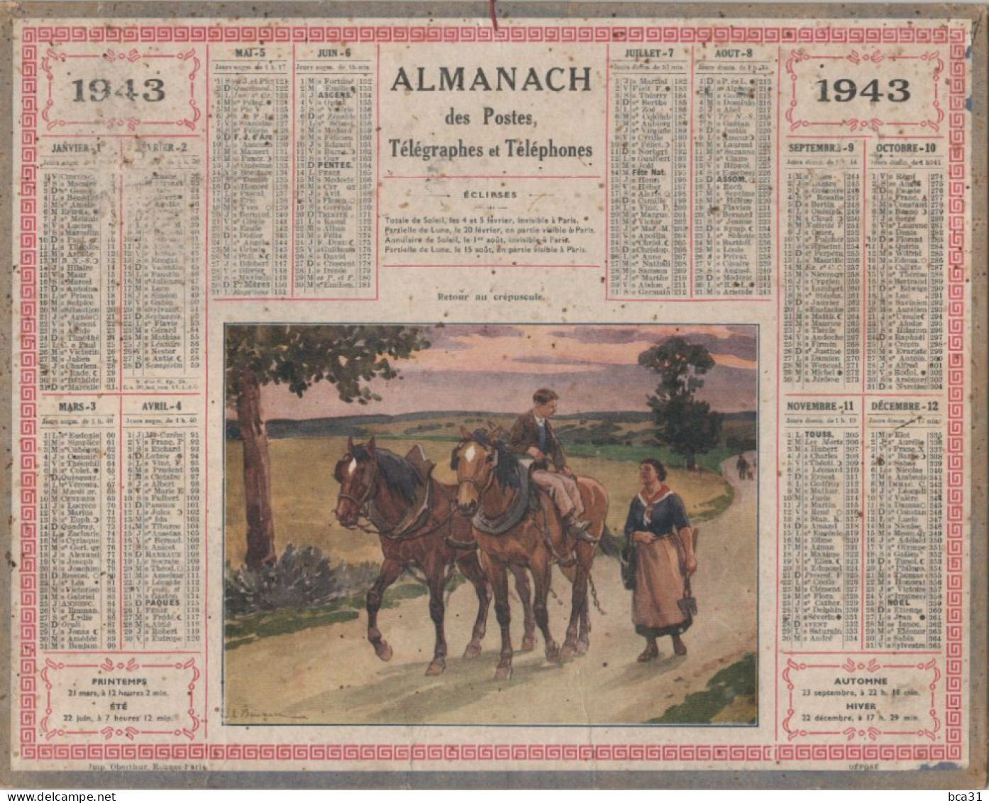 Calendrier 1943 Des Postes, Télégraphes Et Téléphones Retour Au Crépuscule - Big : 1941-60