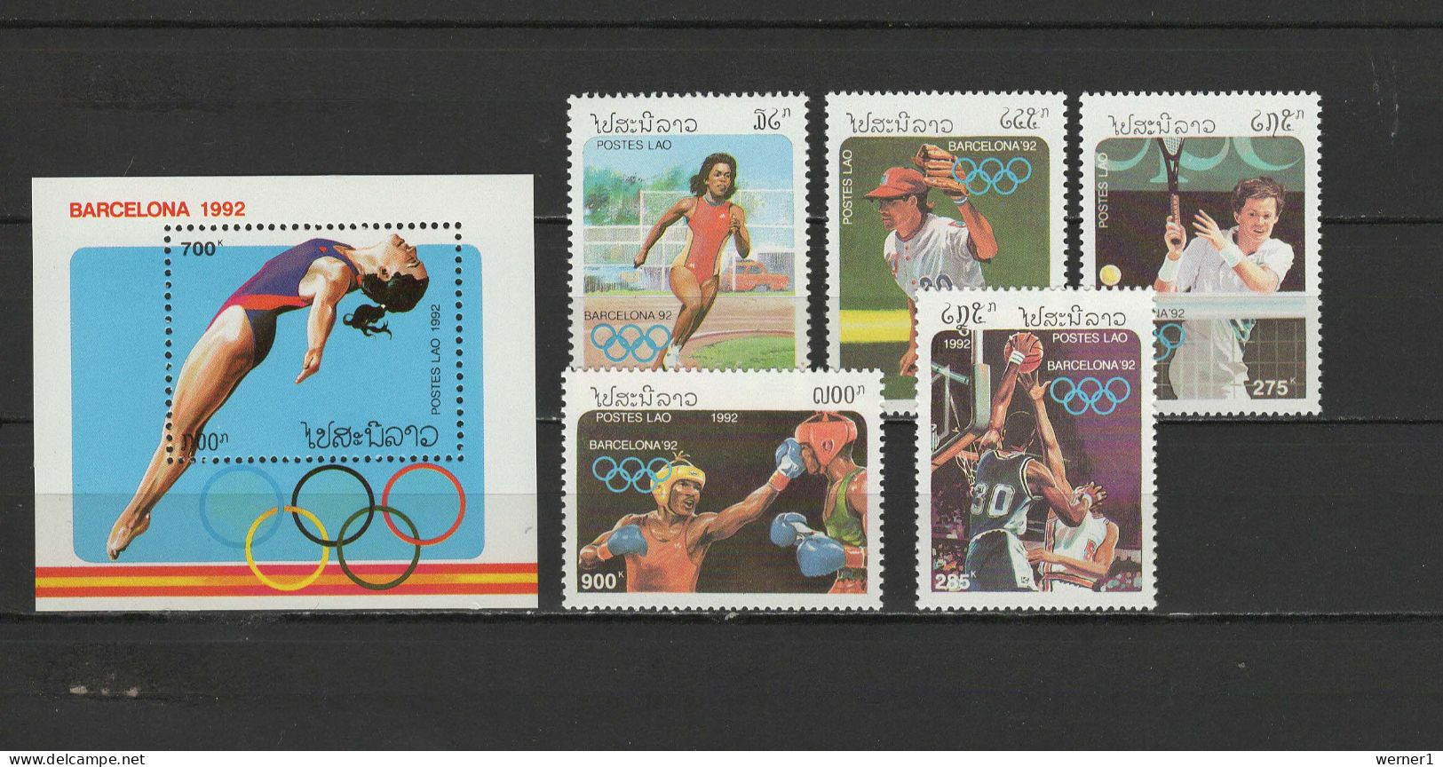 Laos 1992 Olympic Games Barcelona, Baseball, Tennis, Boxing, Basketball Etc. Set Of 5 + S/s MNH - Verano 1992: Barcelona