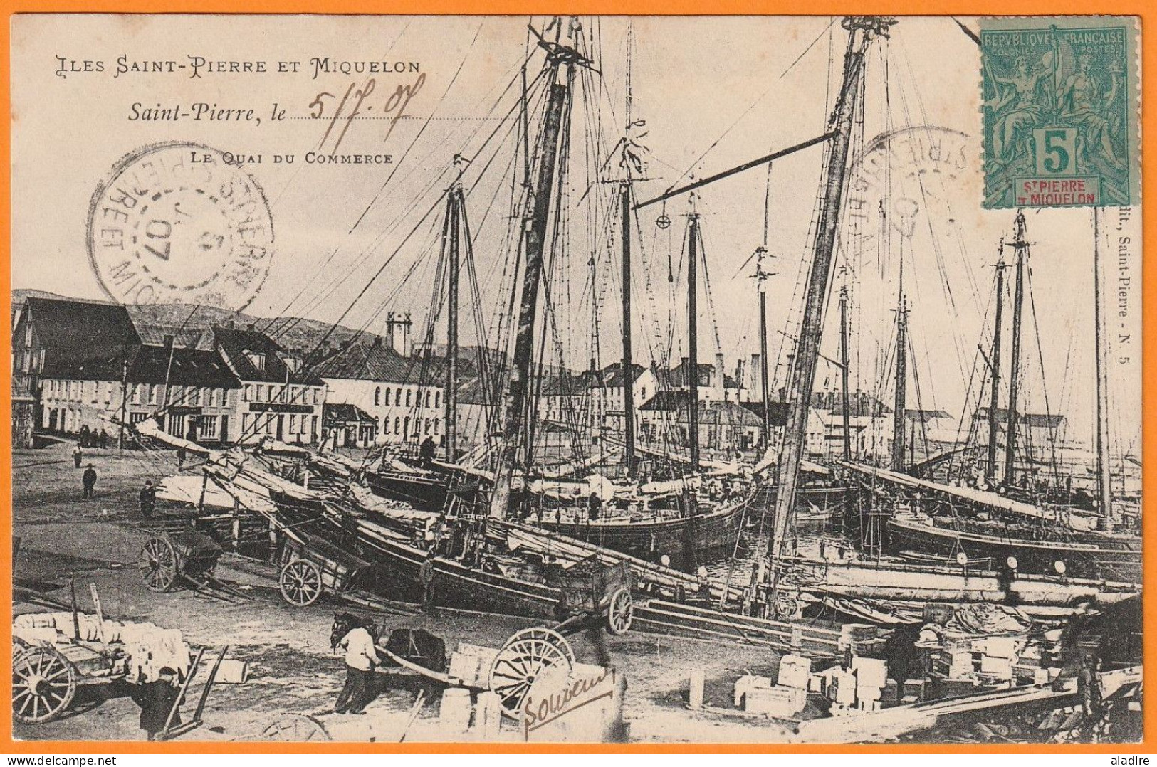 1907 - 5 C Groupe Sur Carte Postale De St Pierre Et Miquelon Vers Nice Par Croiseur Cuirassé Kléber - Service à La Mer - Briefe U. Dokumente