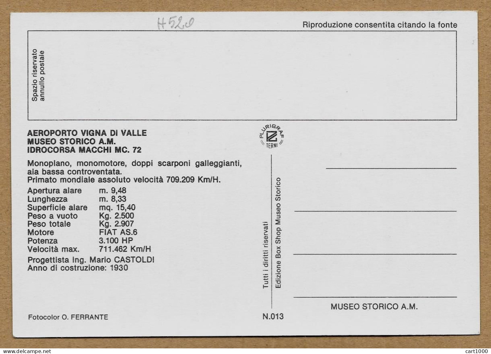 AEROPORTO VIGNA DI VALLE IDROCORSA MACCHI MC.72 N°H520 - Aerodromi