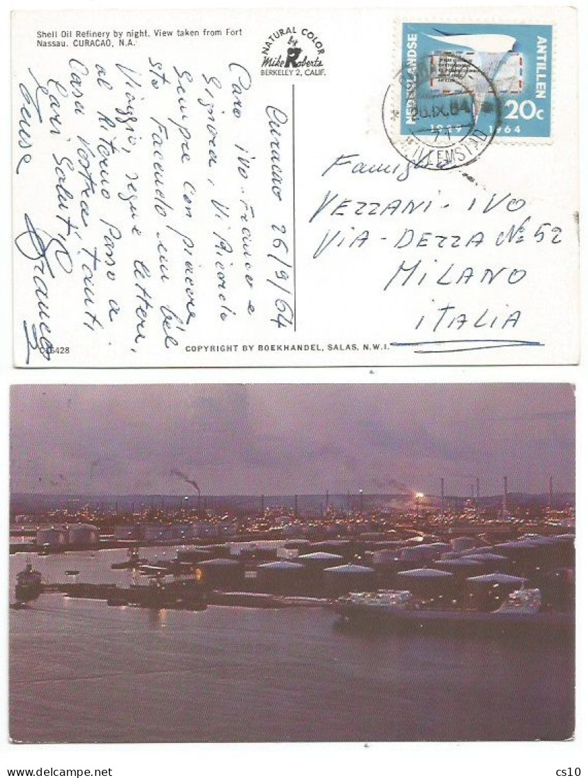 Nederland Antillen Shell Refinery Curacao Pcard 26sep1964 With Regular Air Service NL/Antilles C.20 Solo Franking - Factories & Industries