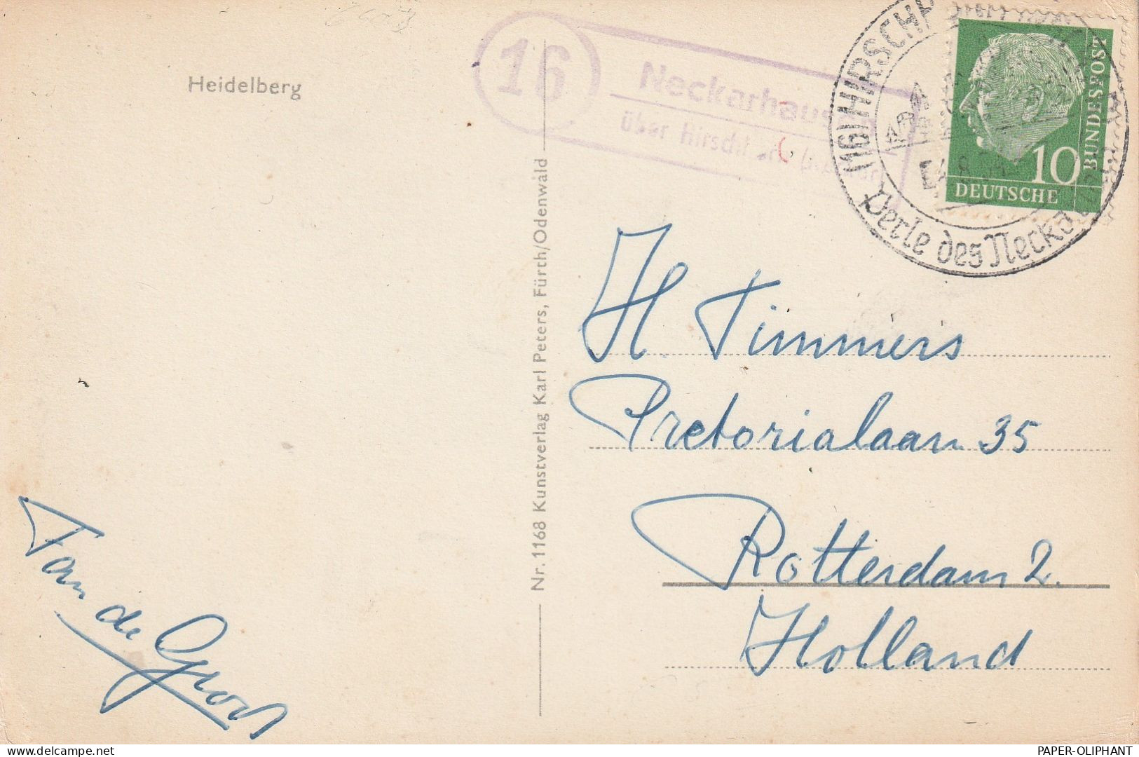 6932 HIRSCHHORN, Postgeschichte, Landpoststempel "Neckarhausen über Hirschhorn", 1954 - Heppenheim