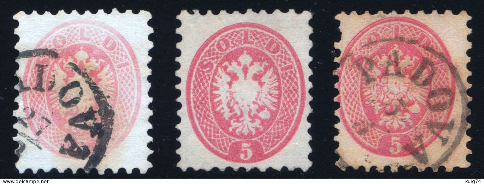 1864-65 LOMBARDO VENETO 5 SOLDI ROSA N.43 DUE USATI + NUOVO SENZA GOMMA - 2 USED AND 1 UNUSED WITHOUT GUM - Lombardo-Venetien