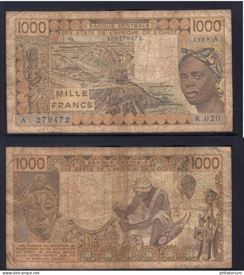 1000 Francs CFA, 1989 A, Côte D' Ivoire, K.020, A 279472, Oberthur, P#_07, Banque Centrale États De L'Afrique De L'Ouest - West-Afrikaanse Staten