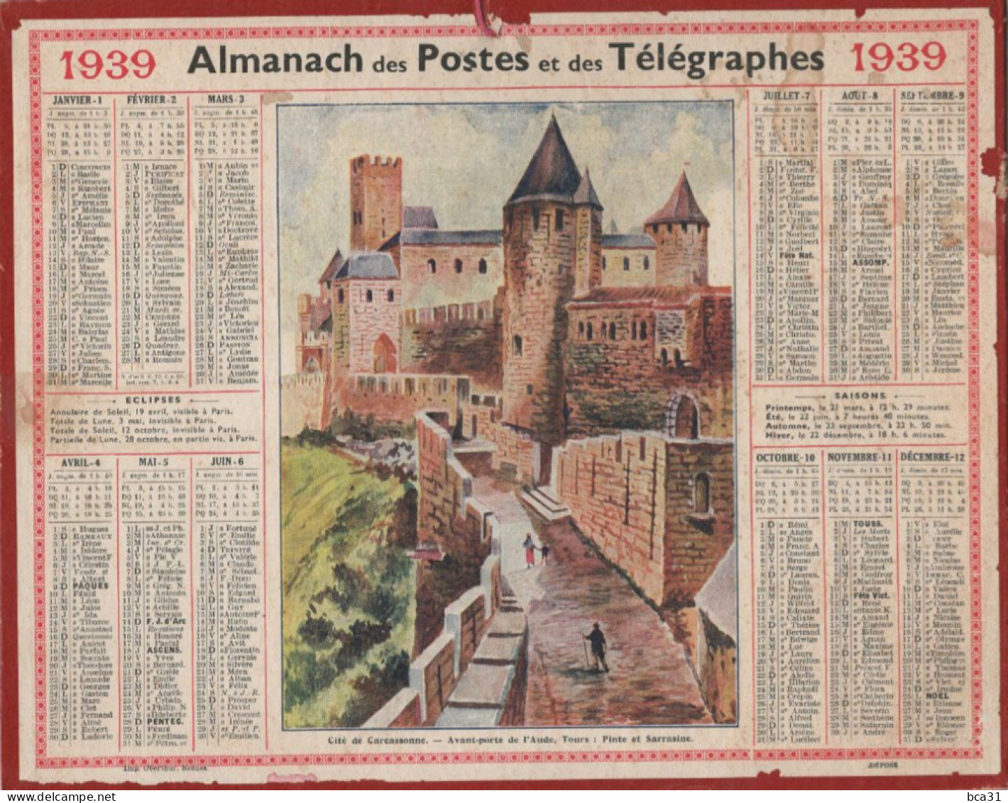 Calendrier 1939 Des Postes, Télégraphes Et Téléphones Cité De Carcassonne - Grand Format : 1921-40