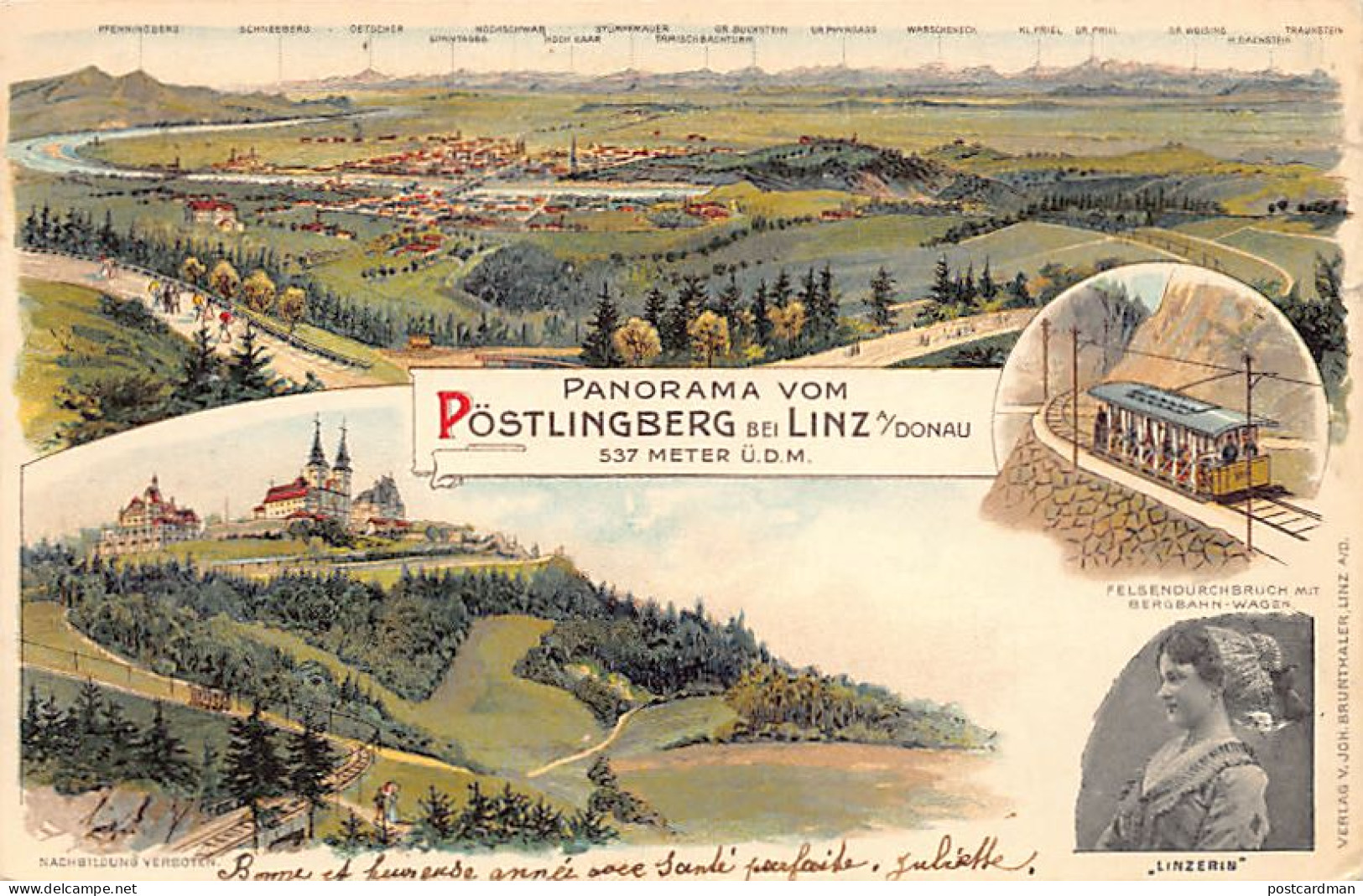 Österreich - Linz Pöstlingberg (OÖ) Litho - Mehrfachansicht - Panorama - Felsendurchbruch Mit Bergbahn-Wagen - Linzerin - Linz Pöstlingberg