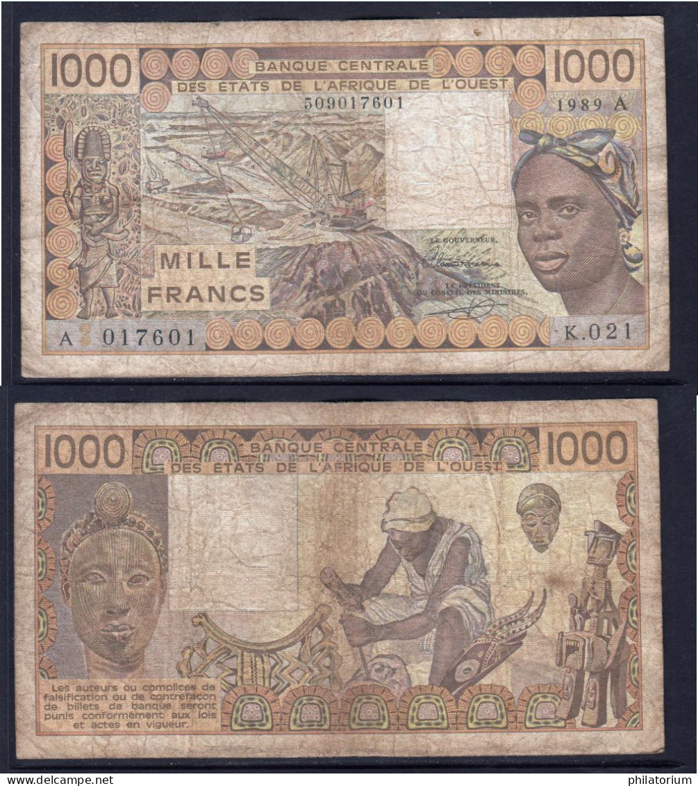 1000 Francs CFA, 1989 A, Côte D' Ivoire, K.021, A 017601, Oberthur, P#_07, Banque Centrale États De L'Afrique De L'Ouest - États D'Afrique De L'Ouest