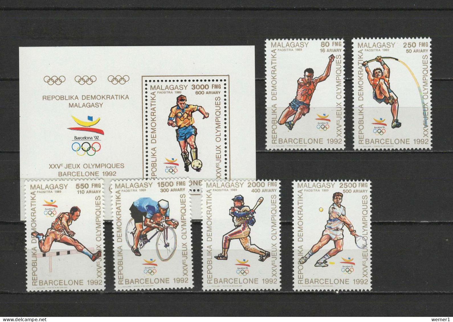 Malagasy - Madagascar 1990 Olympic Games Barcelona, Football Soccer, Cycling, Tennis Etc. Set Of 6 + S/s MNH - Verano 1992: Barcelona