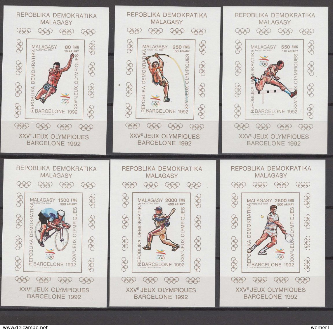 Malagasy - Madagascar 1990 Olympic Games Barcelona, Cycling, Tennis Etc. Set Of 6 S/s Imperf. MNH -scarce- - Ete 1992: Barcelone