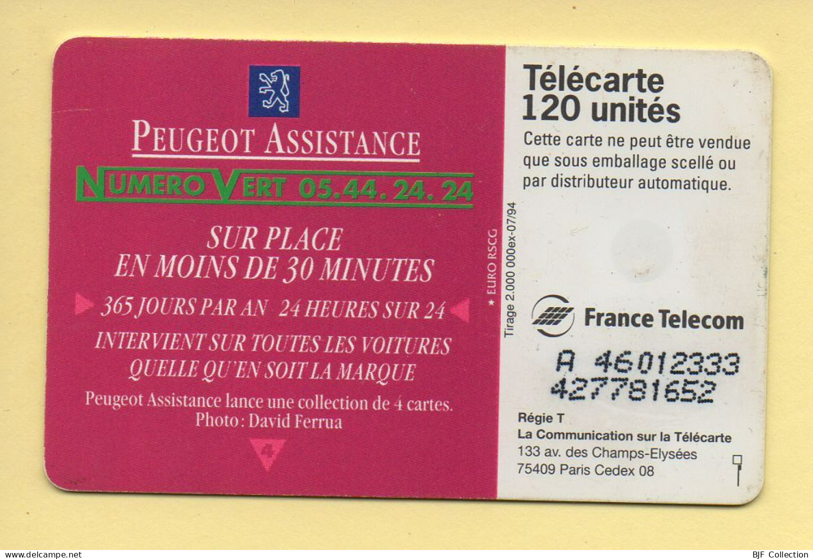 Télécarte 1994 : PEUGEOT ASSISTANCE 4 / 120 Unités / Numéro A 46012333/427781652 / 07-94 (voir Puce Et Numéro Au Dos) - 1994