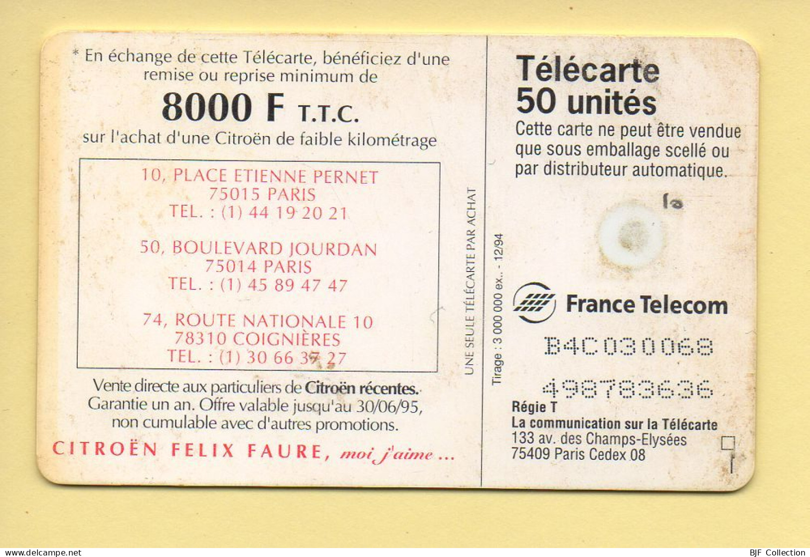 Télécarte 1994 : CITROEN XANTIA / 50 Unités / Numéro B4C030068/498783636 / 12-94 (voir Puce Et Numéro Au Dos) - 1994