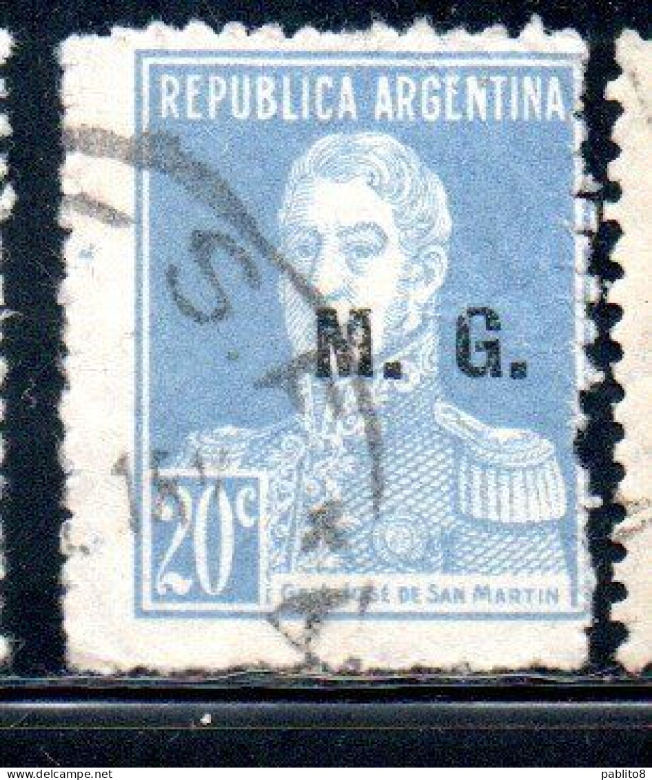 ARGENTINA 1923 1931 OFFICIAL DEPARTMENT STAMP OVERPRINTED M.G. MINISTRY OF WAR MG 20c USED USADO - Officials