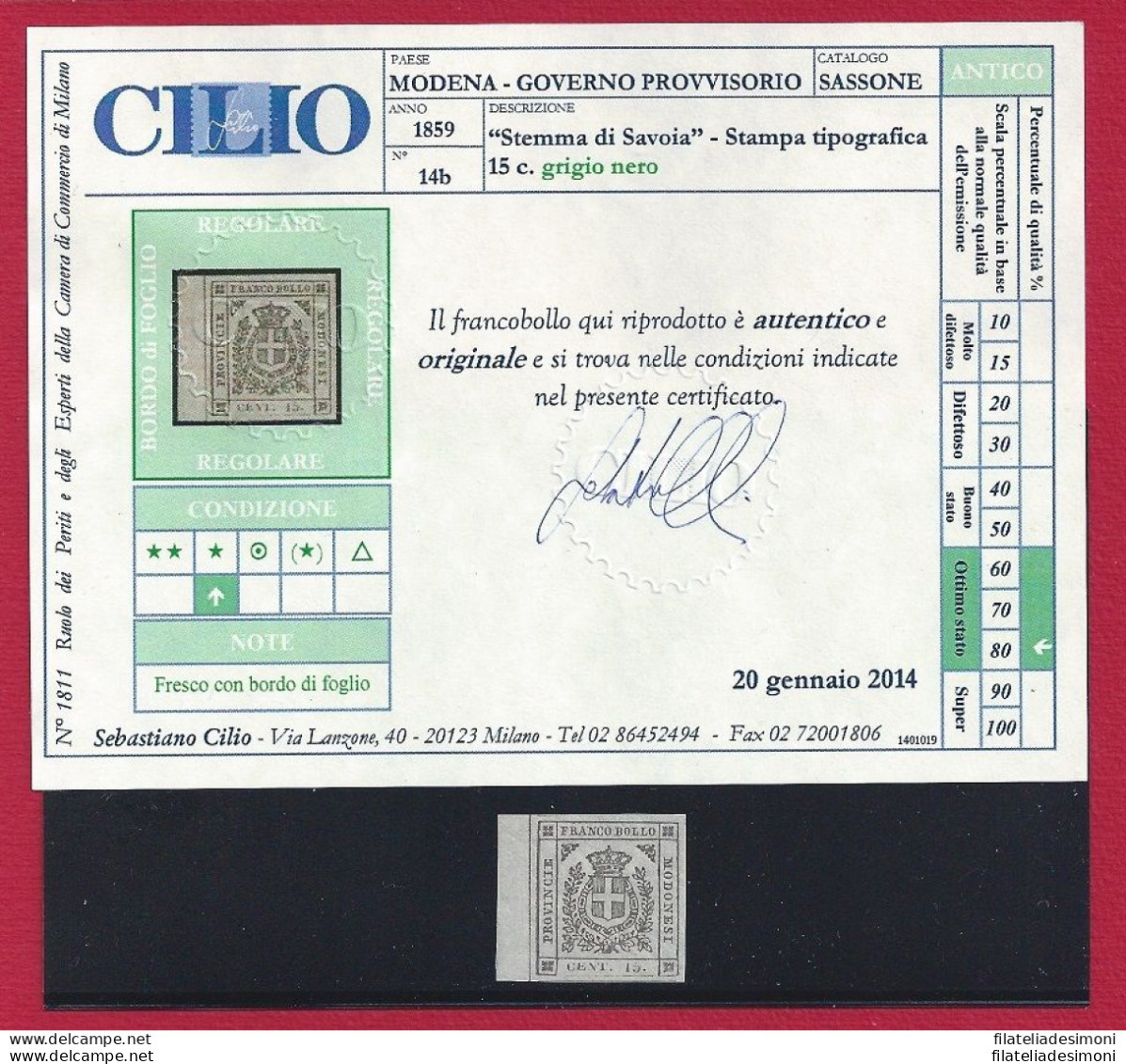 1859 Modena Governo Provvvisorio, N° 14b  Firma Bolaffi MLH* Certificato Cilio - Modène