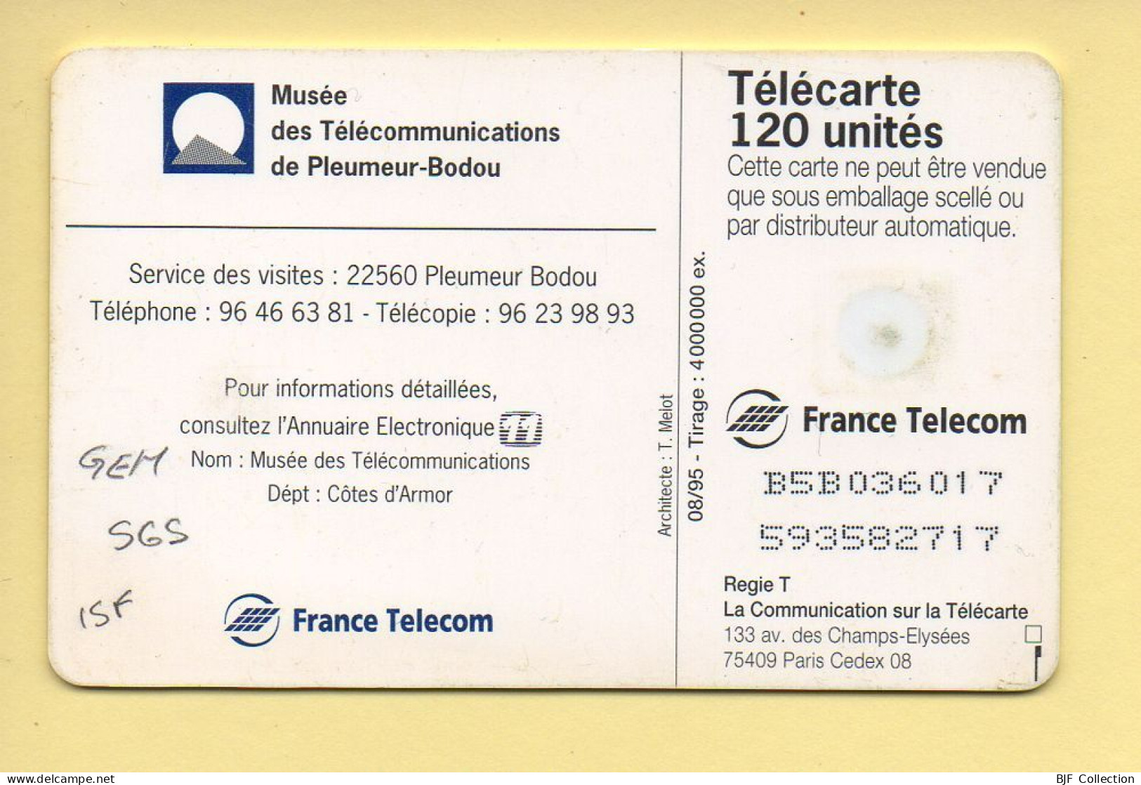 Télécarte 1995 : PLEUMEUR BODOU / 120 Unités / 08-95 (voir Puce Et Numéro Au Dos) - 1995