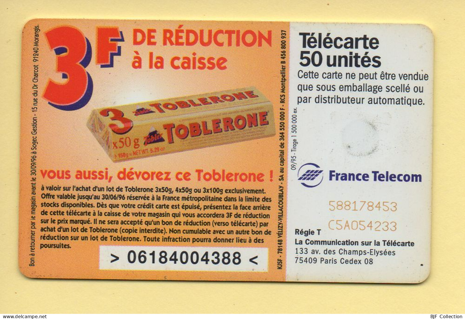 Télécarte 1995 : TOBLERONE / 50 Unités / 09-95 (voir Puce Et Numéro Au Dos) - 1995