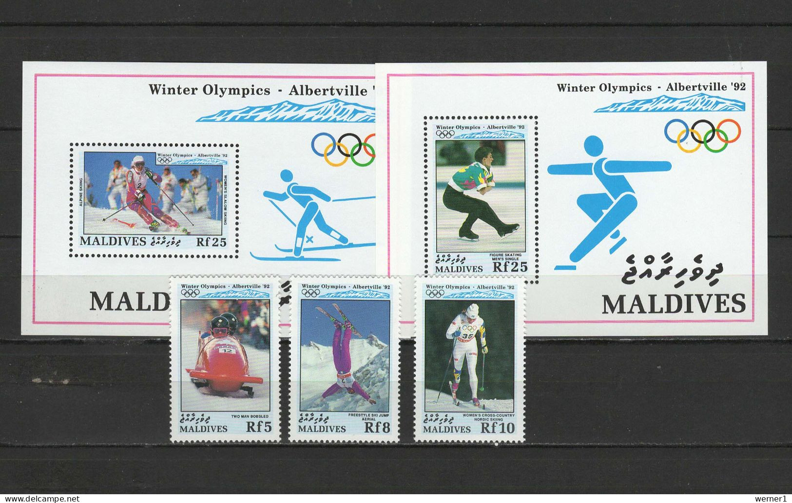 Maldives 1992 Olympic Games Albertville Set Of 3 + 2 S/s MNH - Inverno1992: Albertville