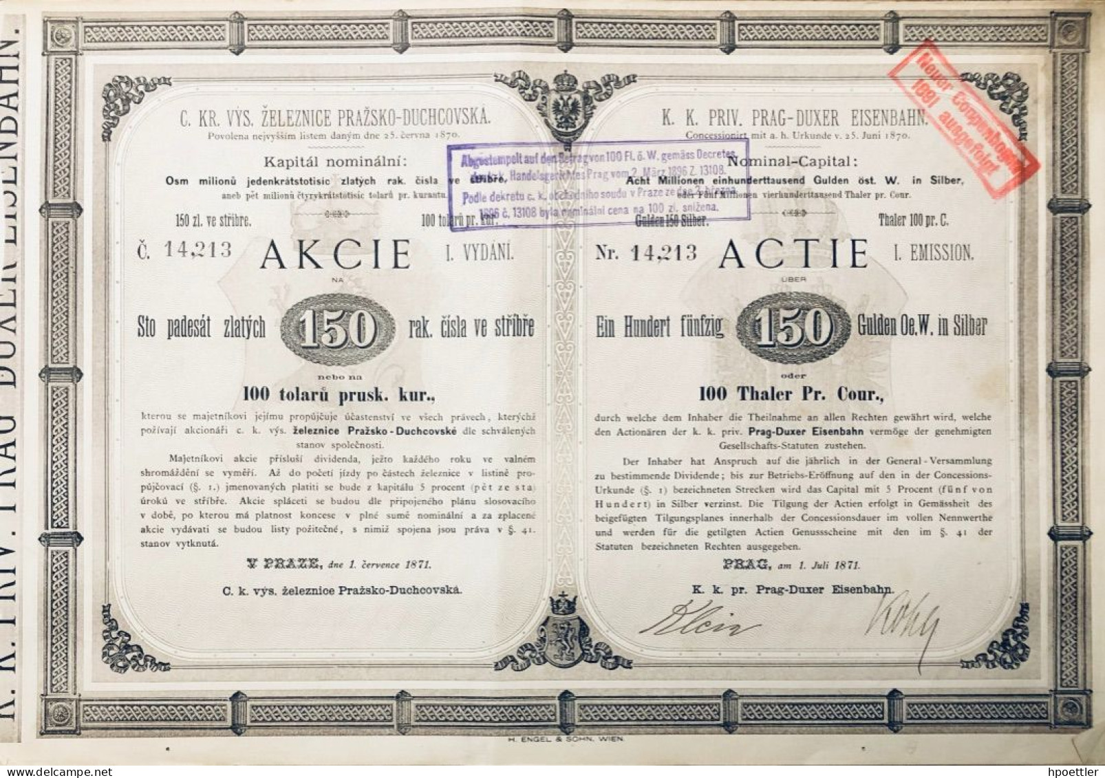 Prag 1871: K. K. Priv. Prag-Duxer Eisenbahn - Actie I. Emission 150 Gulden - Chemin De Fer & Tramway