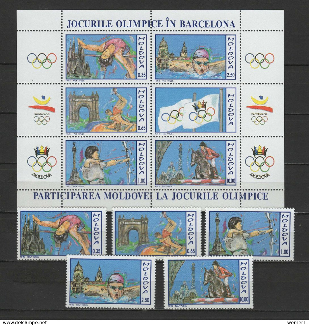 Moldova 1992 Olympic Games Barcelona, Swimming, Archery, Equestrian Etc. Set Of 5 + S/s MNH - Summer 1992: Barcelona