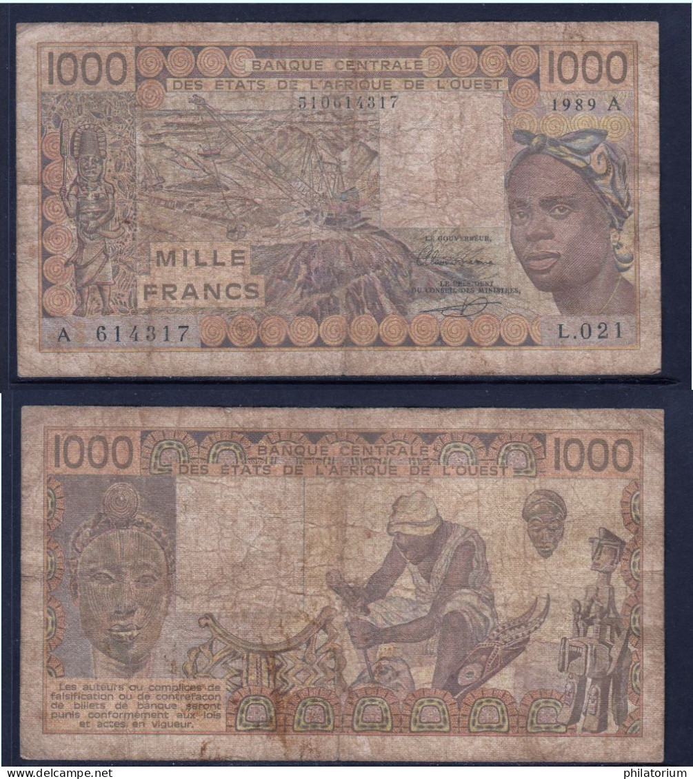 1000 Francs CFA, 1989 A, Côte D' Ivoire, L.021, A 614317, Oberthur, P#_07, Banque Centrale États De L'Afrique De L'Ouest - West-Afrikaanse Staten