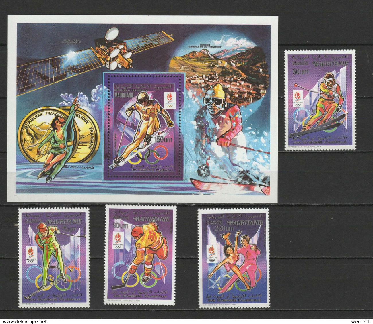 Mauritania 1990 Olympic Games Albertville, Space Set Of 4 + S/s Type I With Wrong Inscr. "Alberville" MNH - Hiver 1992: Albertville