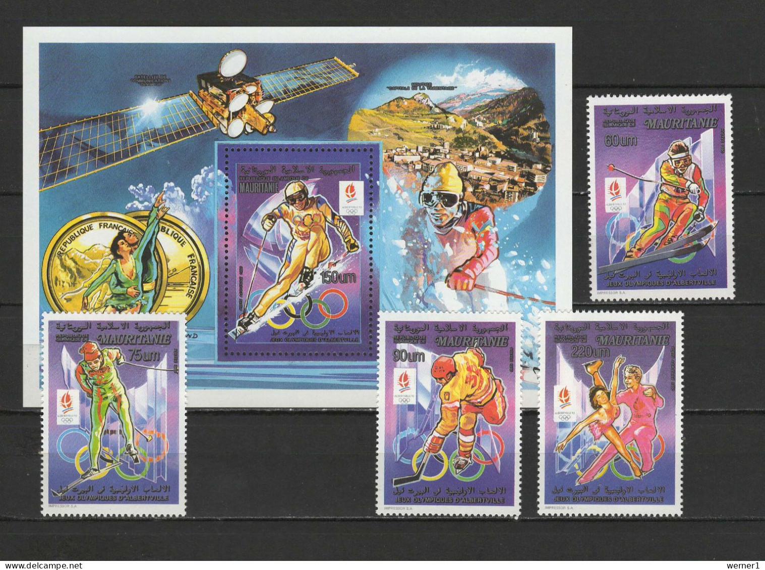 Mauritania 1990 Olympic Games Albertville, Space Set Of 4 + S/s Type II With Correct Inscr. "Albertville" MNH - Inverno1992: Albertville