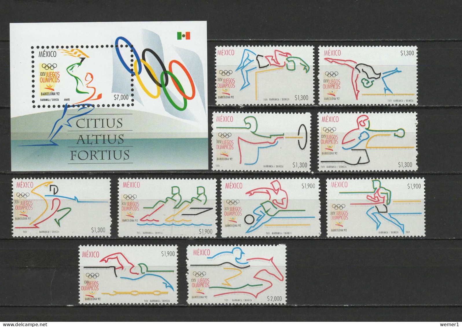 Mexico 1992 Olympic Games Barcelona, Boxing, Rowing, Football Soccer, Equestrian Etc. Set Of 10 + S/s MNH - Summer 1992: Barcelona