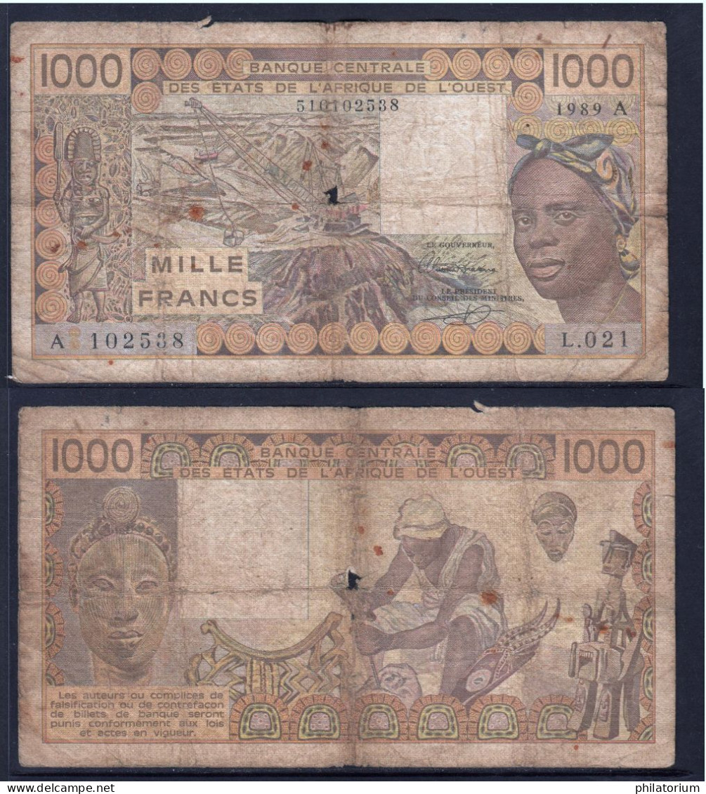 1000 Francs CFA, 1989 A, Côte D' Ivoire, L.021, A 102538, Oberthur, P#_07, Banque Centrale États De L'Afrique De L'Ouest - West African States